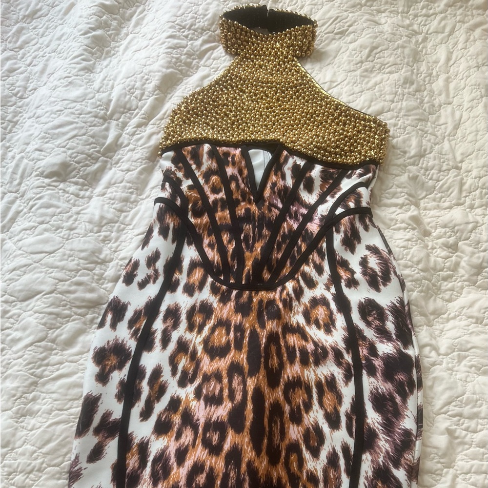 Bandage Leopard Print Midi Dress with Gold Beaded Top